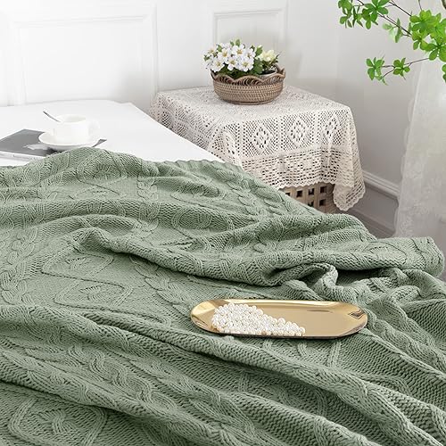 Miniatura 3 de MILVOWOC Manta de punto trenzado verde salvia, suave y acogedora, lavable a máquina, manta decorativa para cama, sofá, silla, sofá, sala de estar,
