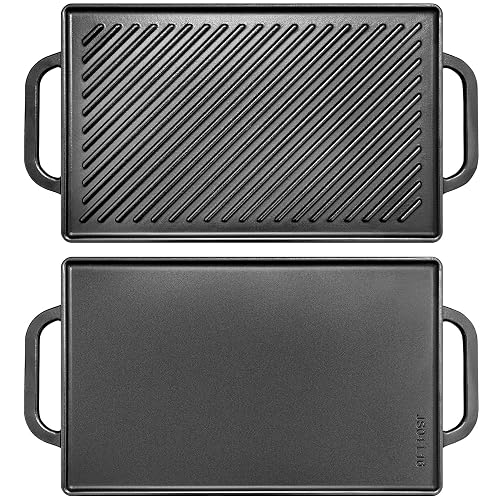 GGC Cast Iron Reversible Griddle 13 x 8.25 Rectangular Baking Flat and Ribbed Griddle Plate
