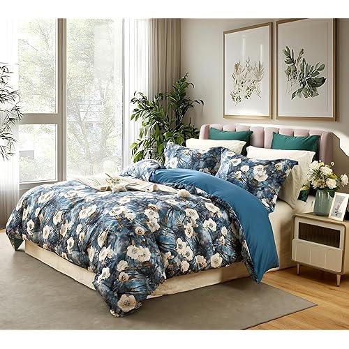 Cupocupa Floral Queen Comforter Set;Vintage Garden Boho Bedding Comforter Set Soft Reversible Botanical Flower Comforter Design 1 Comforter 2 Pillow Shams Botanical Patterns Comforters Queen Size Set