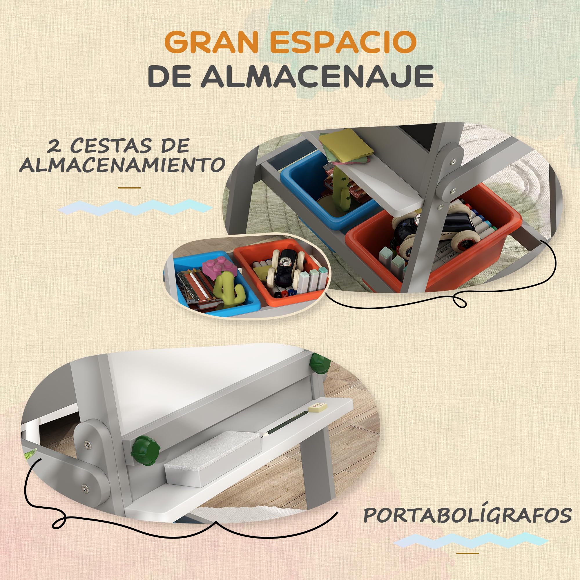 AIYAPLAY Pizarra Infantil Caballete de Pintura para Niños 3 en 1 Pizarra de Doble Cara con Borrador Rollo de Papel y Cajas de Almacenaje Gris