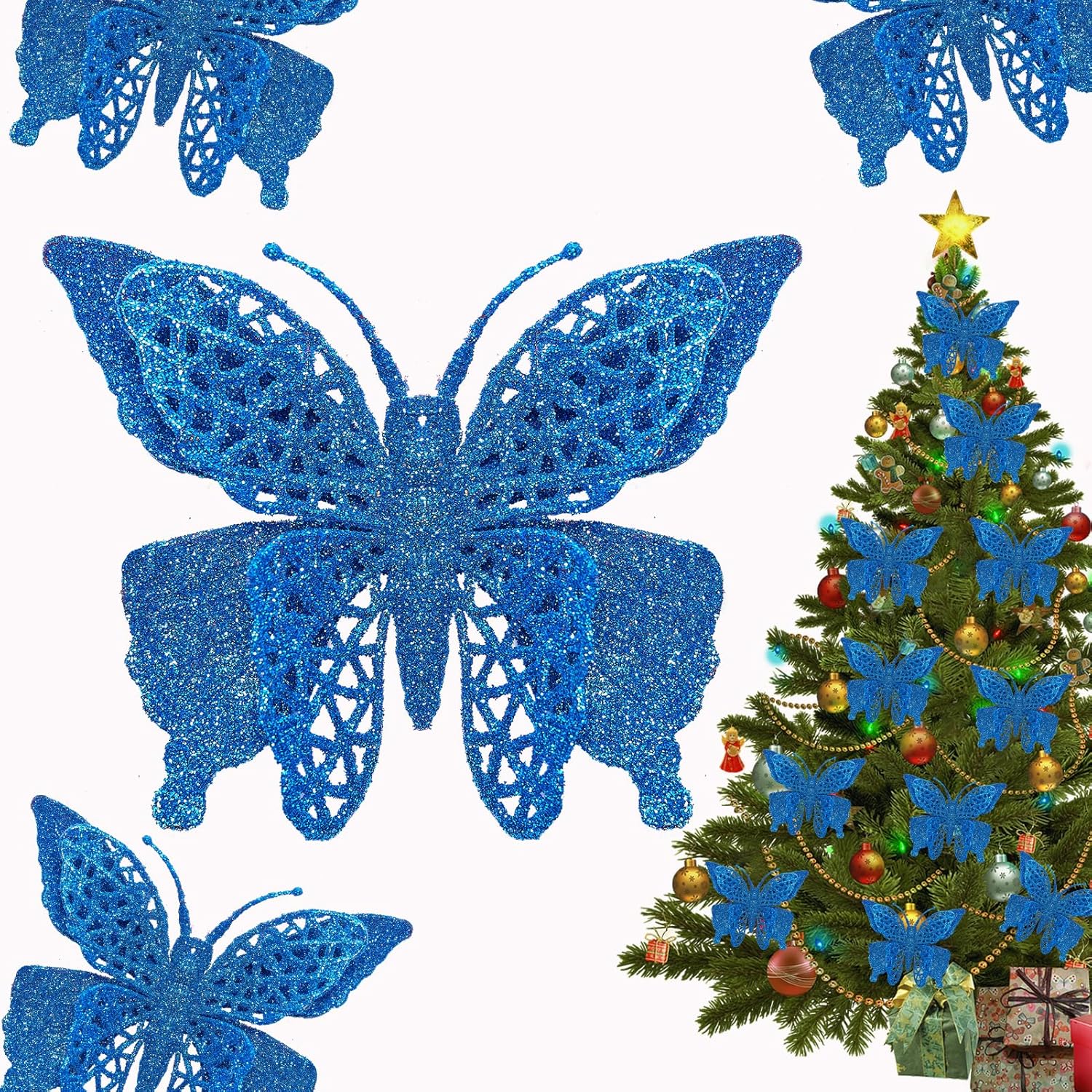 15 PCS Glitter Christmas Tree Butterfly Ornaments, Hollow