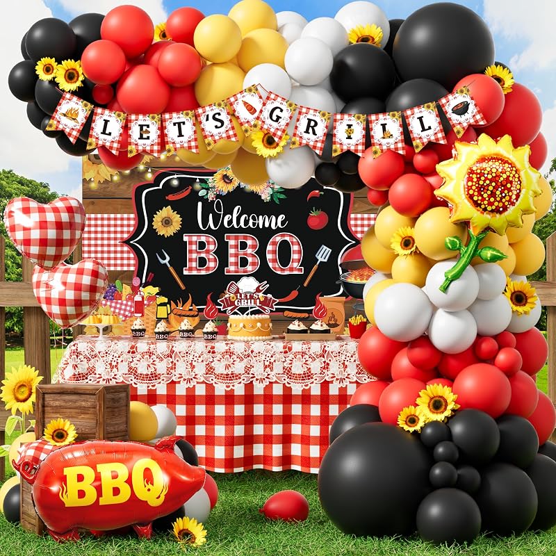 BBQ-Themed Party Decorations Kit, Barbecue Party Supplies Summer BBQ Party Backdrop Balloon Garland Decor, Backyard BBQ Picnic Party Supplies Let’s Grill Party Decorations Outdoor Celebration Kit