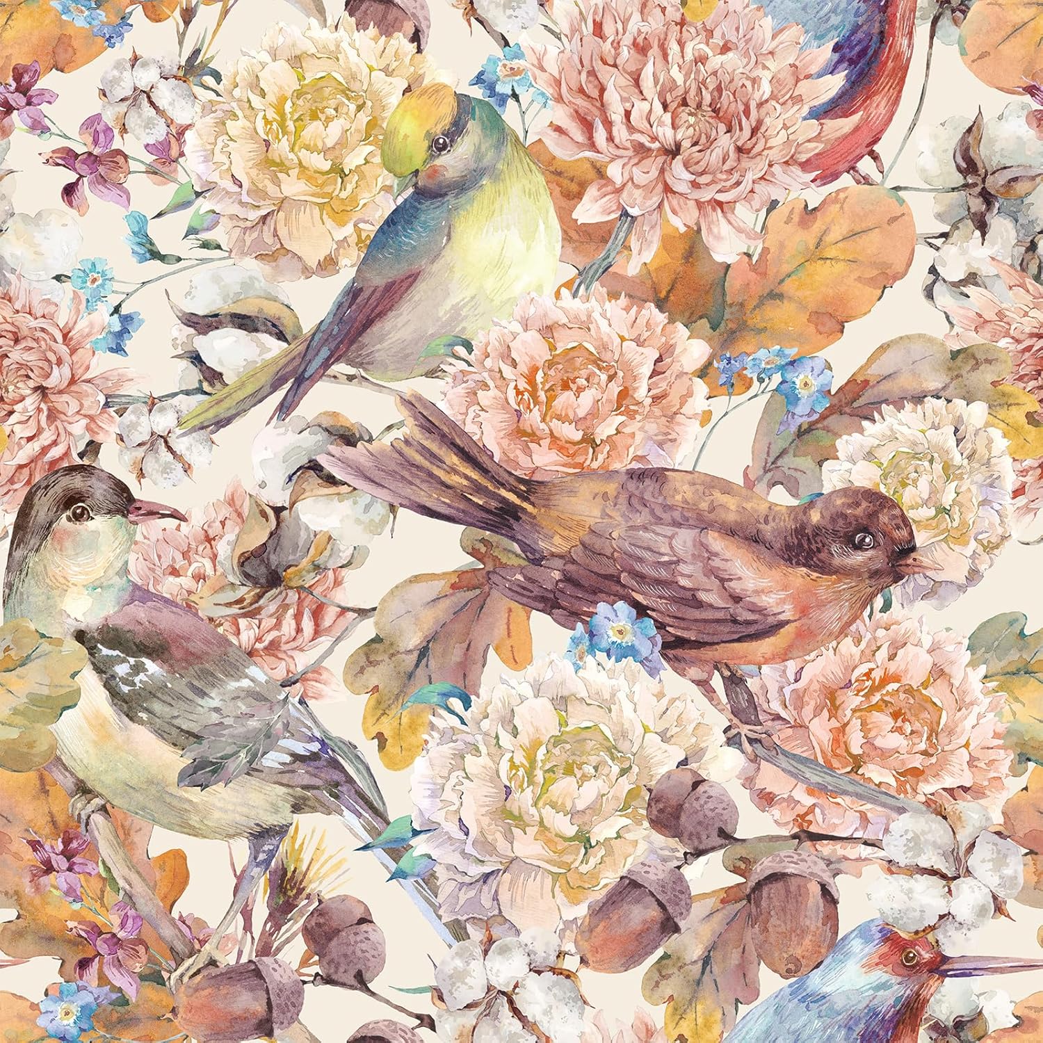 FunStick 17.5"x354" Vintage Floral Peel and Stick Wallpaper Pink Orange Yellow Parrot Bird Wallpaper Chinoiserie Watercolor Flower Wall Paper Decor for Bathroom Waterproof Contact Paper for Cabinets