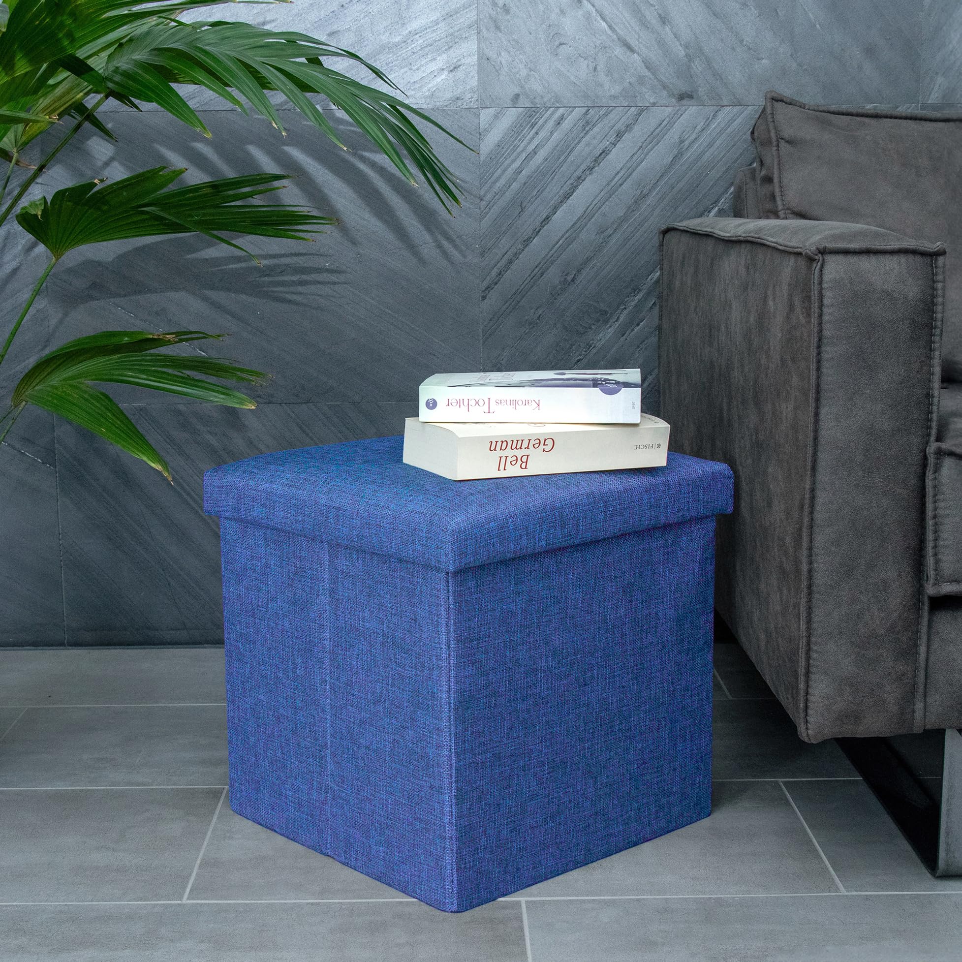INTIRILIFE Puff Baúl Plegable 38x38x38 cm in Azul MAR - Taburete Almacenaje Tapizado de Textil Tela Óptica Lino per Almacenamiento y Reposapiés - Asiento Silla Tejido Banqueto