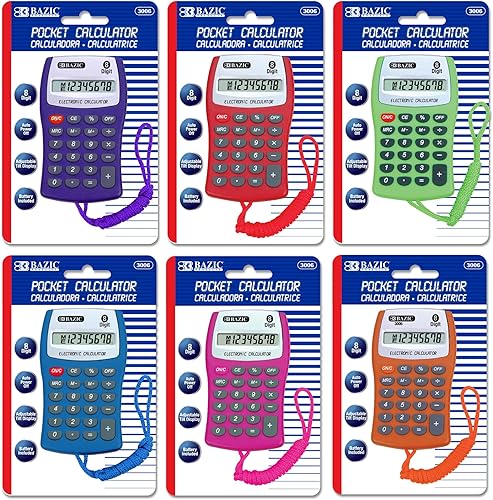 BAZIC Calculadora de tamaño de bolsillo de 8 dígitos con cuerda de cuello, pantalla LCD, calculadoras electrónicas de función estándar pequeña,