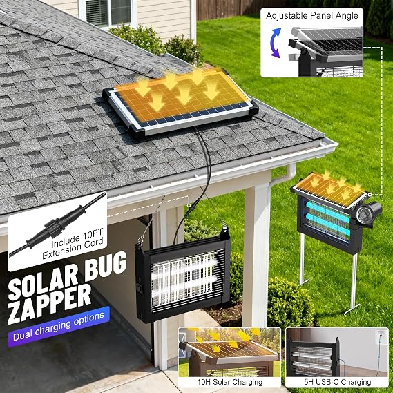 Solar Bug Zapper Outdoor, Rechargeable & Solar Powered, 4500V High Voltage for Effective Mosquito & Multi-Insect, 14-Color Projector Light, Waterproof for Camping Patio Courtyard Path Outdoor