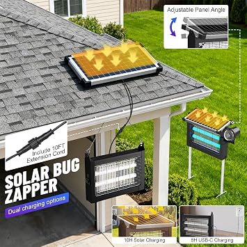 Solar Bug Zapper Outdoor, Rechargeable & Solar Powered, 4500V High Voltage for Effective Mosquito & Multi-Insect, 14-Color Projector Light, Waterproof for Camping Patio Courtyard Path Outdoor