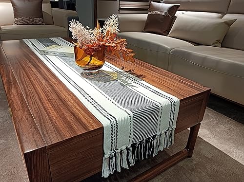 Miniatura 6 de Caflife Camino de mesa bohemio blanco y negro para decoración moderna de granja, camino tejido de algodón natural con borlas para decoración de mesa