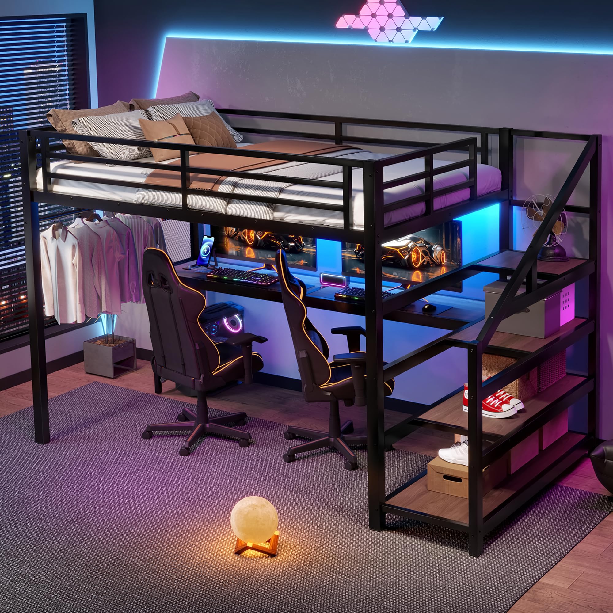 Bellemave Full Loft Bed with Desk and Storage Stairs