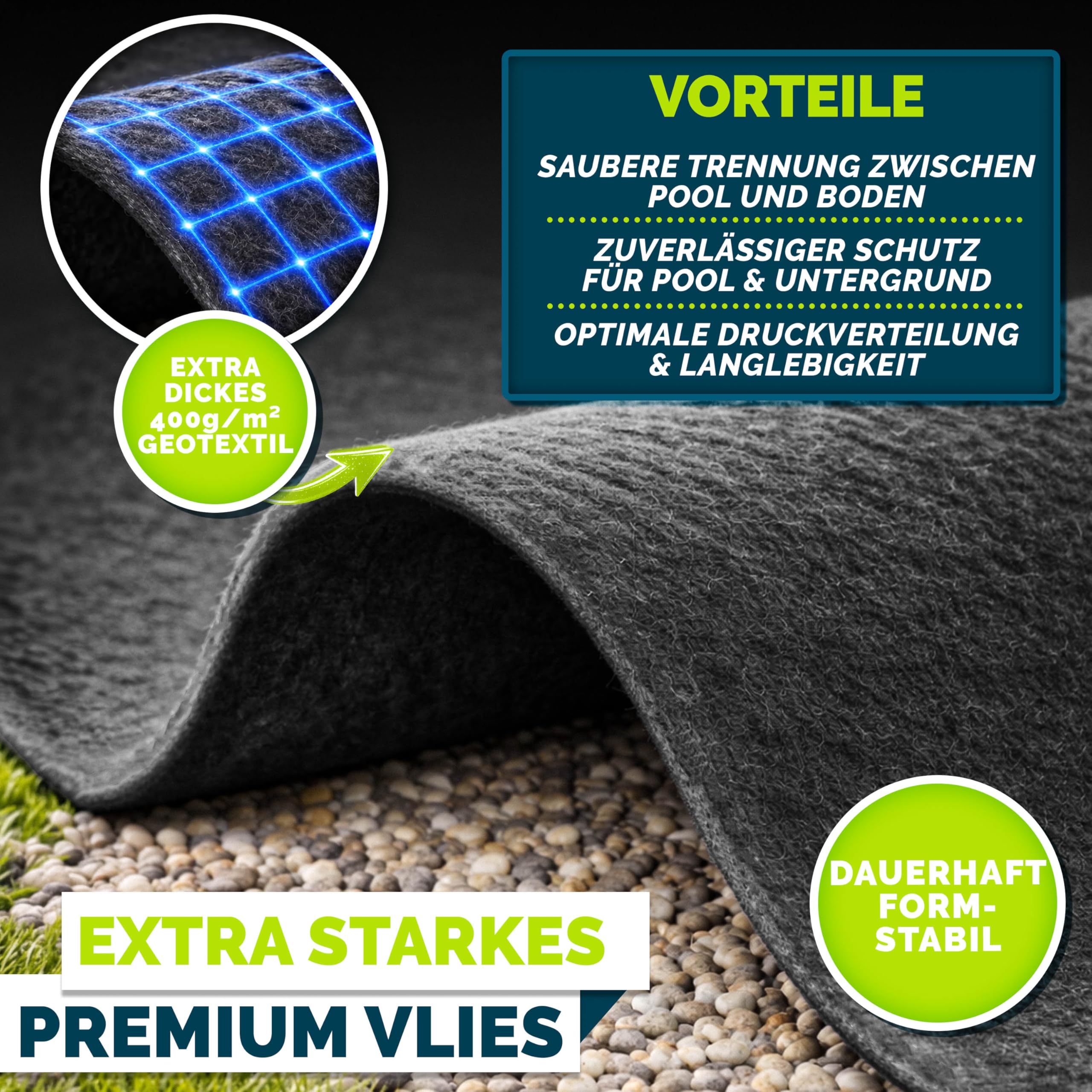 tillvex® Premium Pool Unterlage Rund 430 cm Geotextil 400g/m² | Bodenplane für Pools bis Ø 400 cm | Poolmatte zuschneidbar Bodenschutzvlies Schwimmbecken | Reißfeste Poolunterlage Bodenschutzmatte