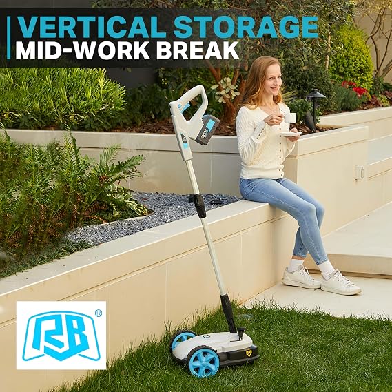 RB 40V 9 Mini Cordless Lawn Mower with Battery & Charger for Small Yards | Ultra-light with brushless motor. 3 cutting heights. One-hand steering. Upright storage for tiny spaces, small lawns, patios.