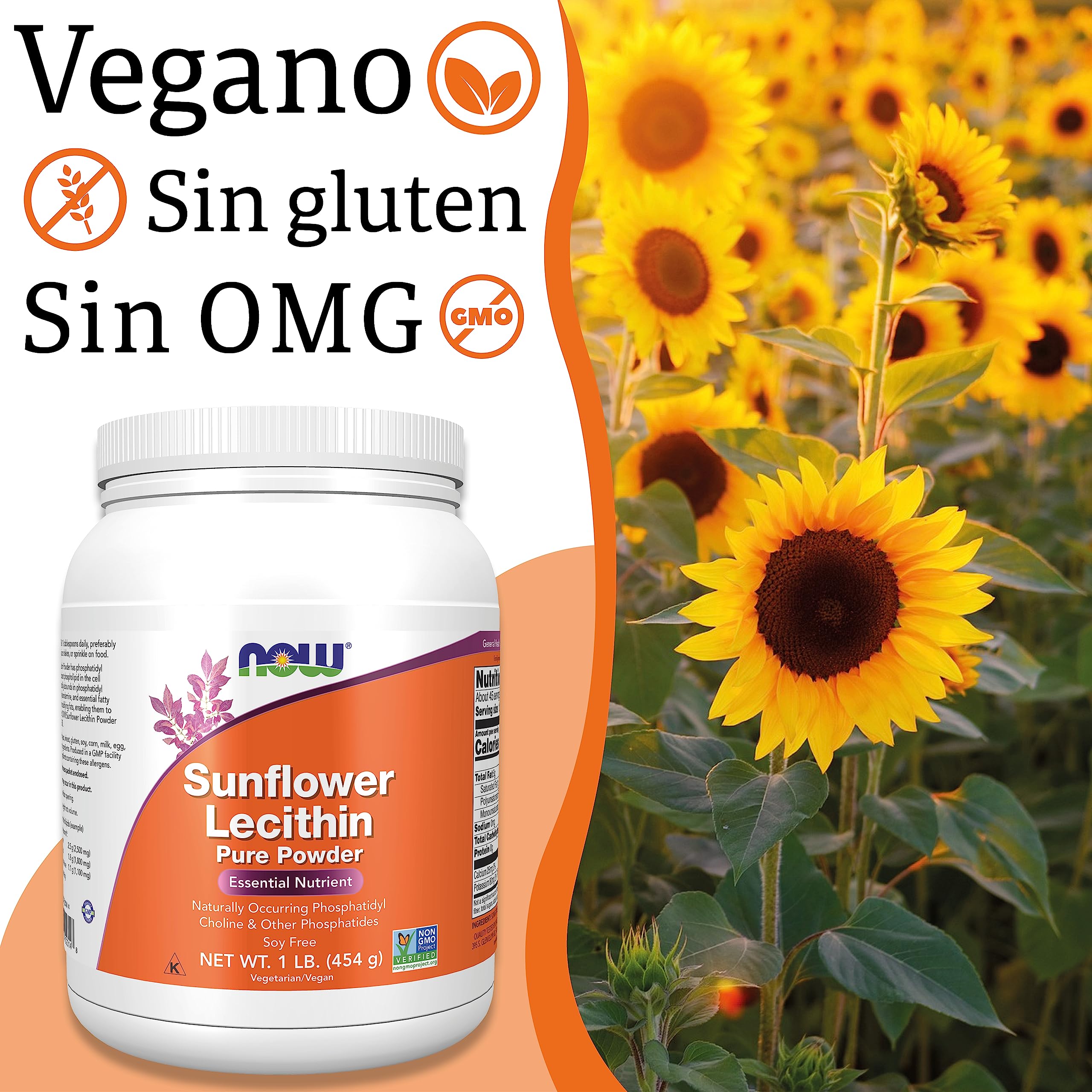 Now Foods, Sunflower Lecithin (Lecitina de Girasol), Polvo Puro Vegano, 454g, Probado en Laboratorio, Sin Gluten, Sin Soja, Vegetariano