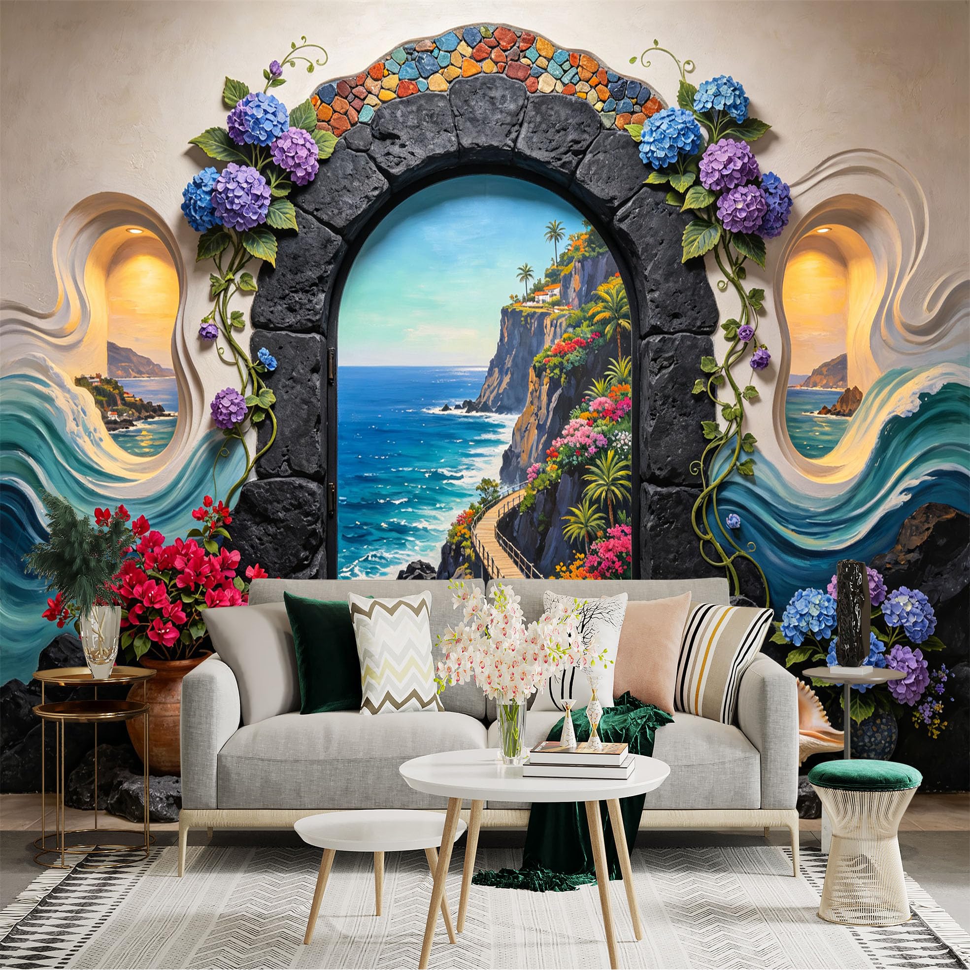 Custom Size Wall Sticker Mural， Coastal Cliff Path， Ocean Waves and Floral Stone Arch， for wall Decoration， peelandstick wall Decals.