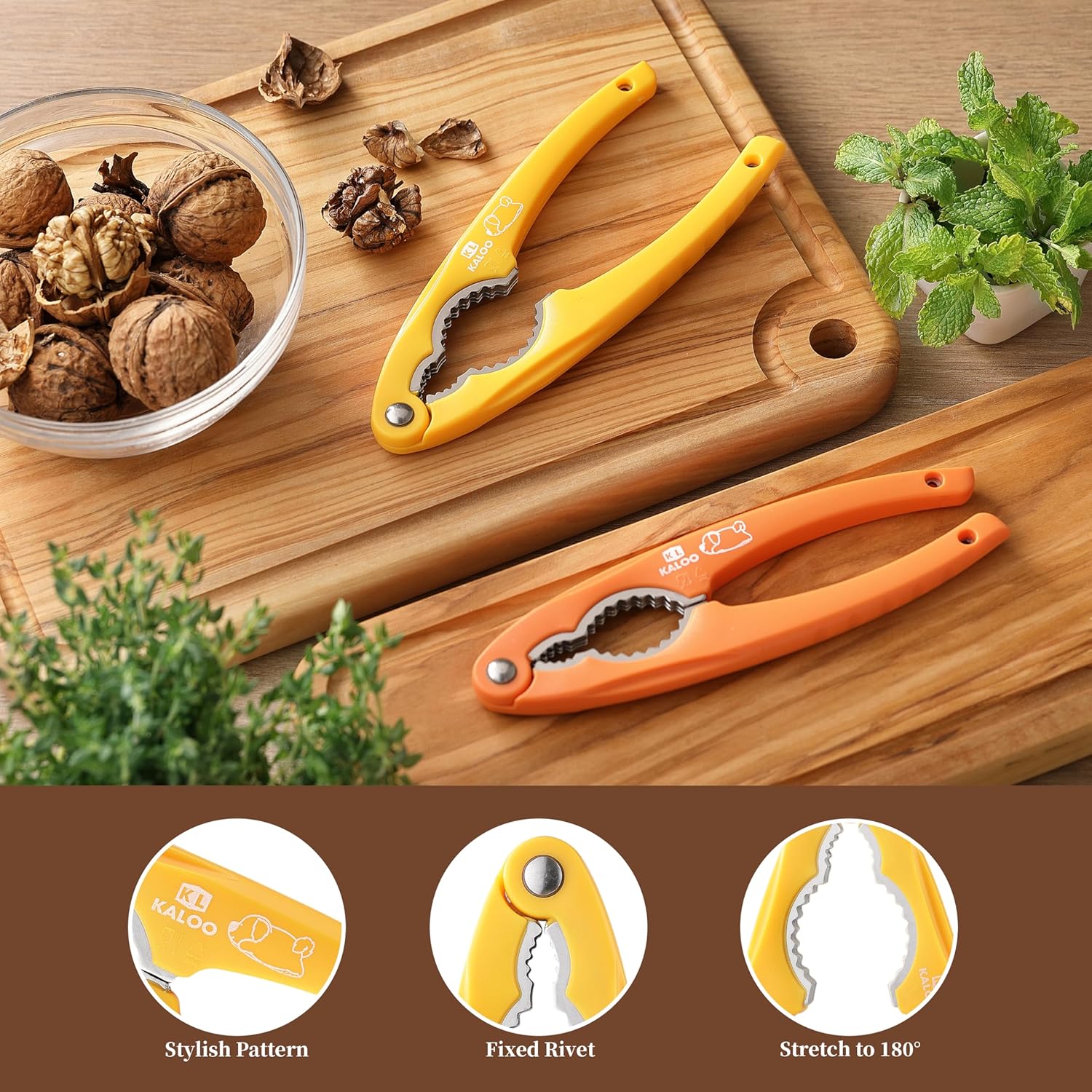 2PCS NutCracker, Kaloo Stainless Steel Nut Crackers for All Nuts, Nutcracker Tool for Walnet, Pencan, Chestnut, Crab, Lobster and More, Ergonomic Handle (Unique Pattern, Orange + Yellow)