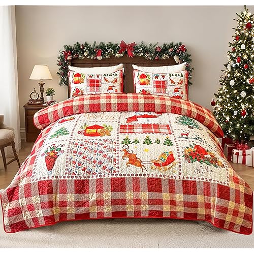 Cozyholy Queen Christmas Quilt Set 3-Piece, Reversible Patchwork Quilt Red Christmas Bedding Set Plaid Snowflake Reindeer Xmas Tree, Soft Lightweight Comforter Set Holiday Bedspread with Pillow Shams