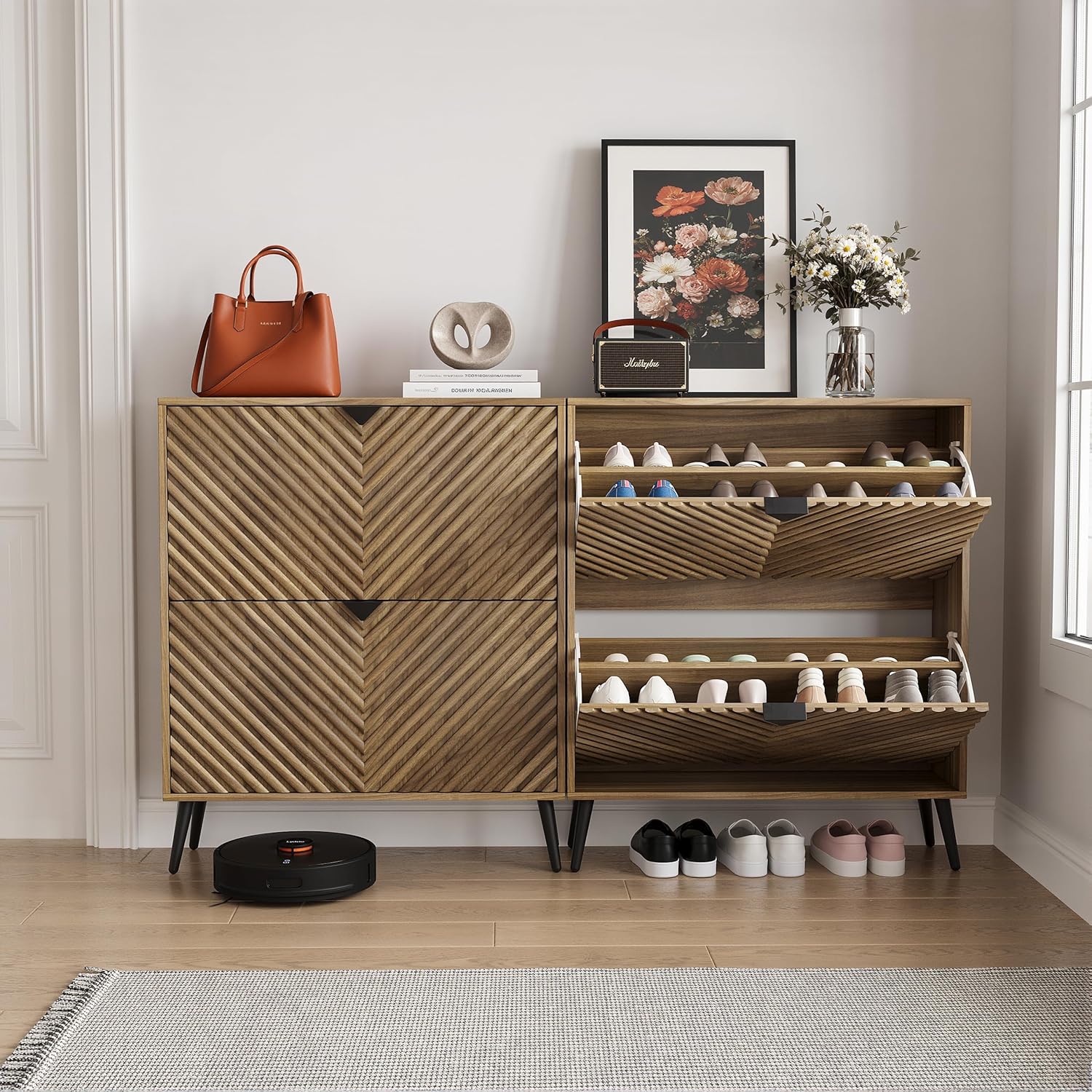 Smuxee Walnut Shoe Cabinet with 2 Flip Drawers, 31.5" Hidden Shoe Storage Cabinet with Fluted Diamond Doors, Freestanding Shoe Organizer Cabinet for Entryway, Hallway, Living Room