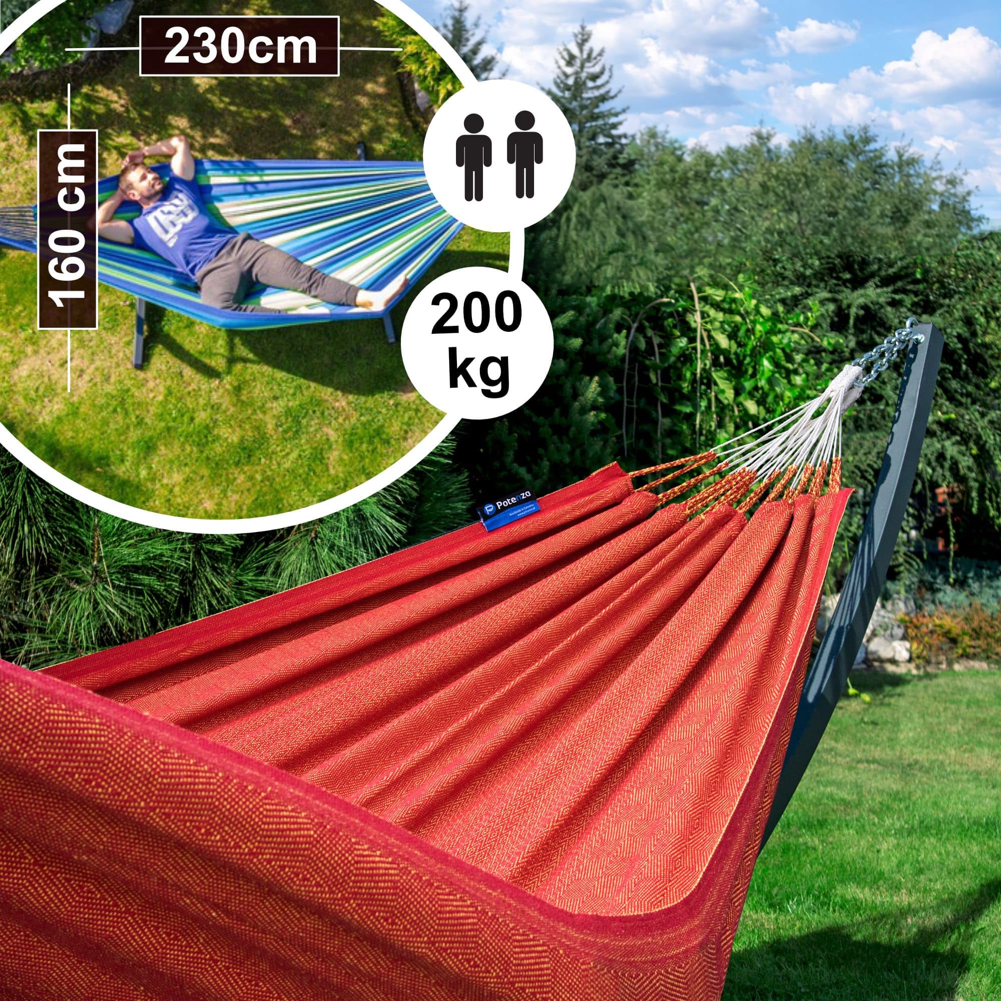 Potenza Amaca da Giardino con Supporto in Acciaio ZINCATO A CALDO – Amaca Doppia 230x160 cm, 220 kg in Cotone con Tytan Struttura lunga 370 cm, Portata 350 kg, con Telaio Resistente alle Intemperie