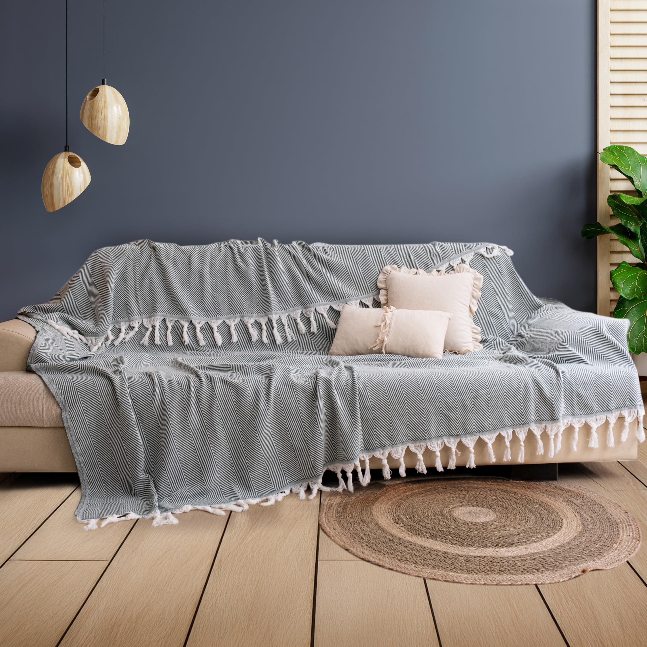 Cotton Throw For Sofa | Herringbone Throw | Bed Throws Double Size | Summer Blanket | Outdoor And Garden Blanket - 170x230 cm 67"x90" - Green