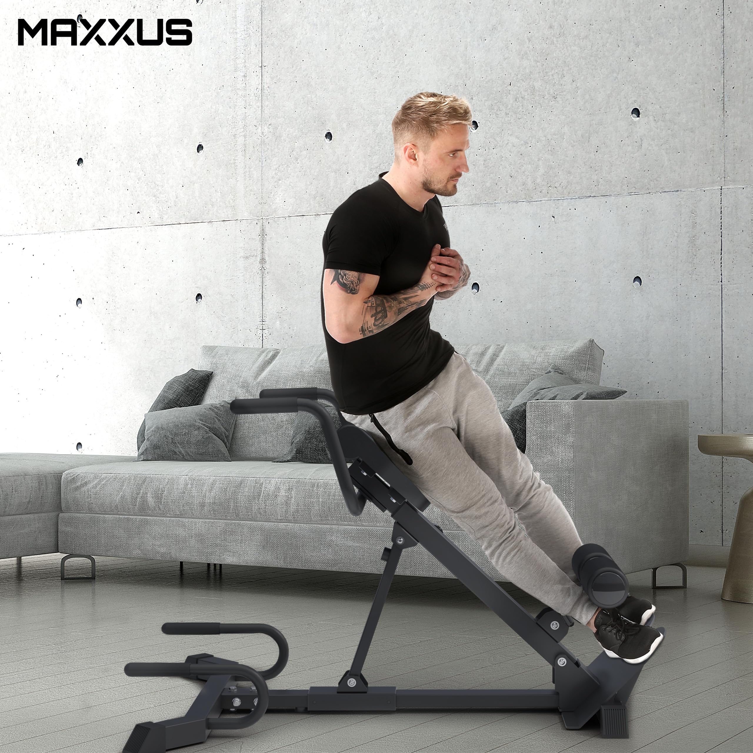 MAXXUS Chaise Romaine - 7en1, Pliable, Coussins de Cuisses Réglables, Rembourrage Épais, Acier, Cuir PU, Max 150kg, Noir - Banc Musculation Hyperextension, Appareil Dos, Machine Sport Maison