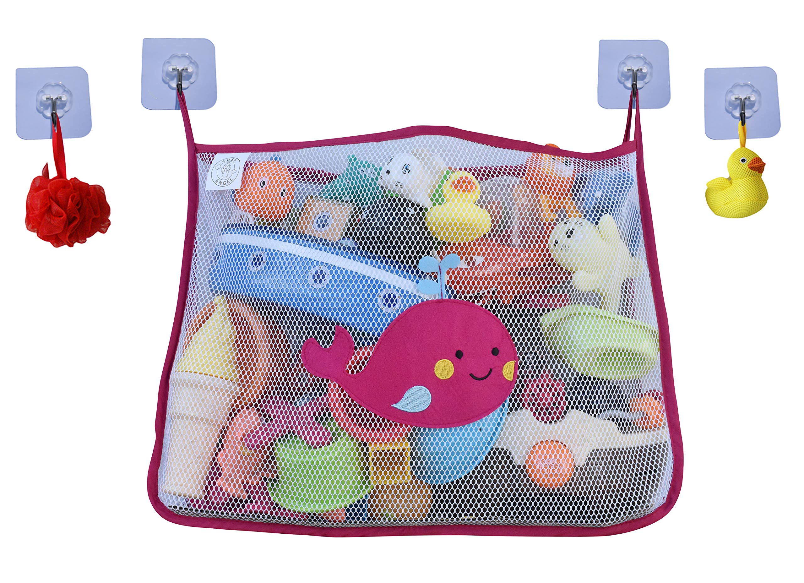 COSY ANGEL Baby Bath Toy Bag for Bath Toys Large Organiser Bathroom Storage Net with 4 Waterproof Self Adhesive Hooks (Pink)