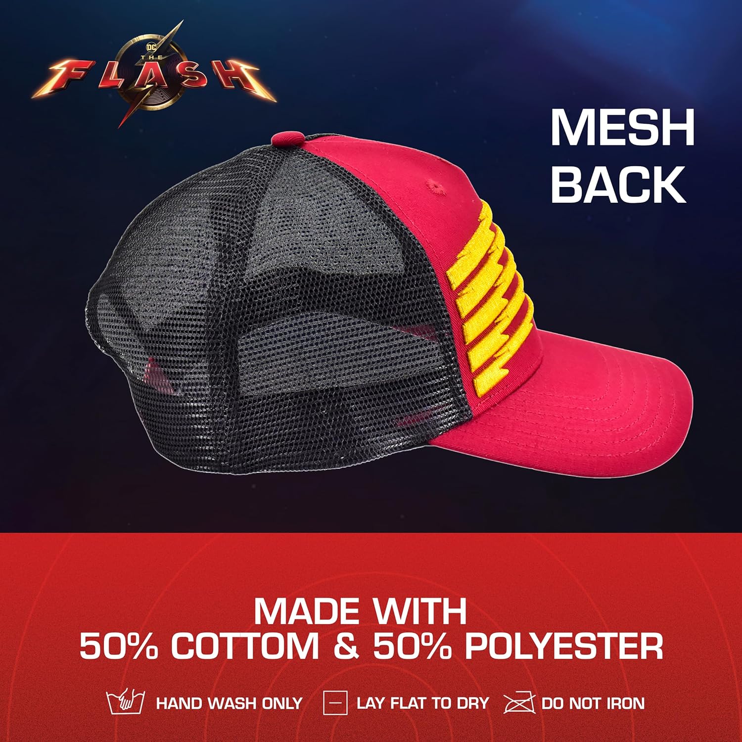 DC Comics The Flash Trucker Hat, Adult Adjustable Snapback Baseball Cap with Curved Brim for Men and Women, Red, One Size - Image 6