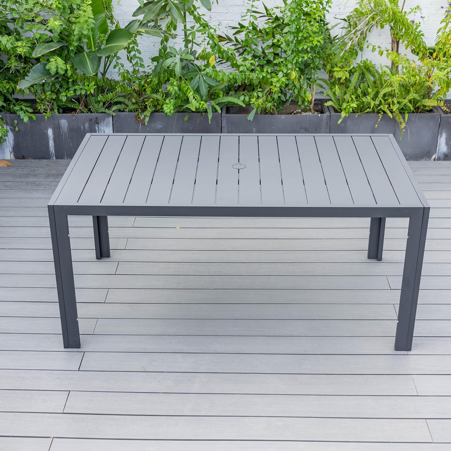 LeisureMod 63 Inch Rectangular Black Aluminum Dining Table, Mid-Century Modern Outdoor Patio Table