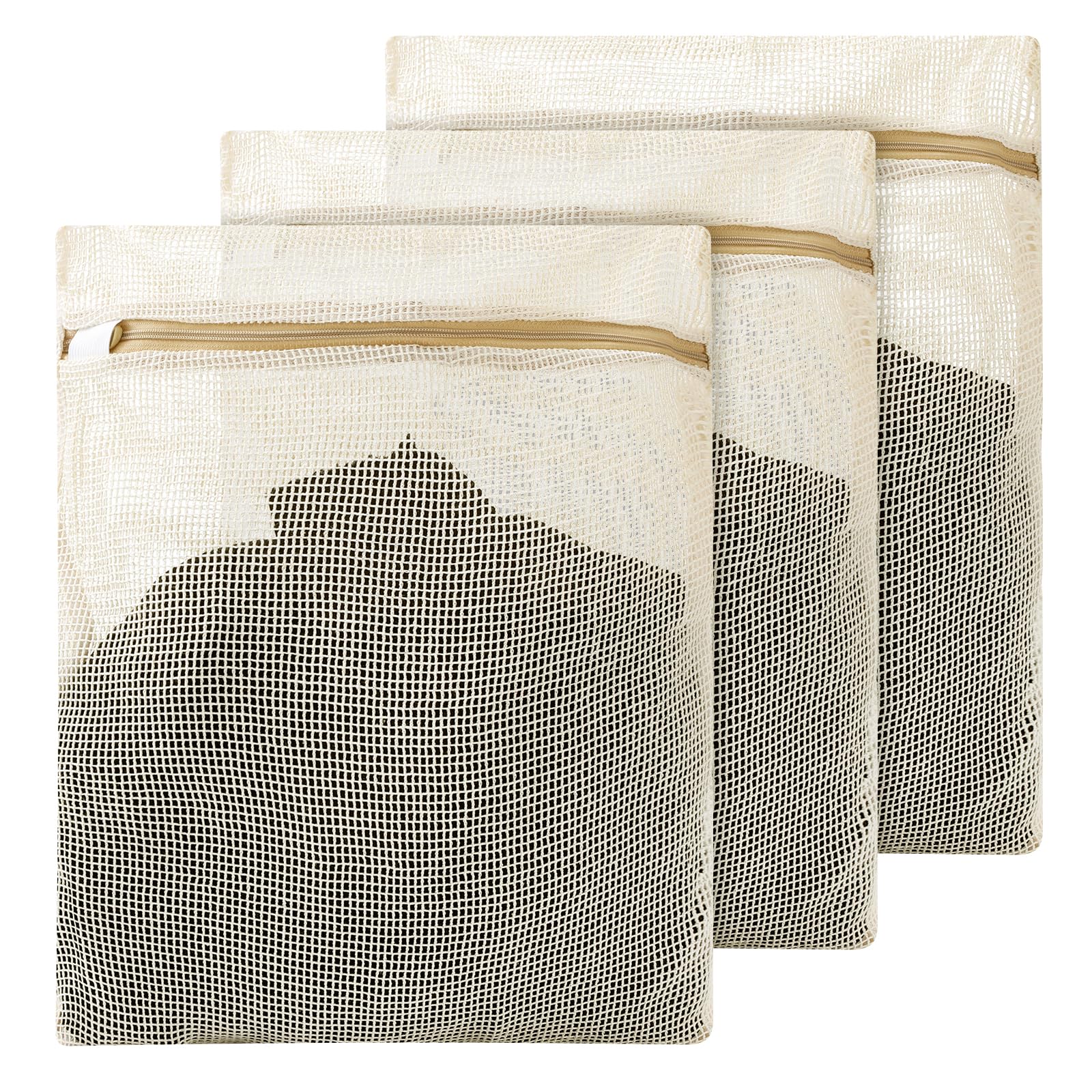 3 Pack Natural Cotton Mesh Laundry Bags, 12x16" Breathable Mesh Garment Bag for Washing Machine, Travel Wash Bags with Sturdy Zippers and Breathable Meshs for Lingerie Clothes Travel Essentials