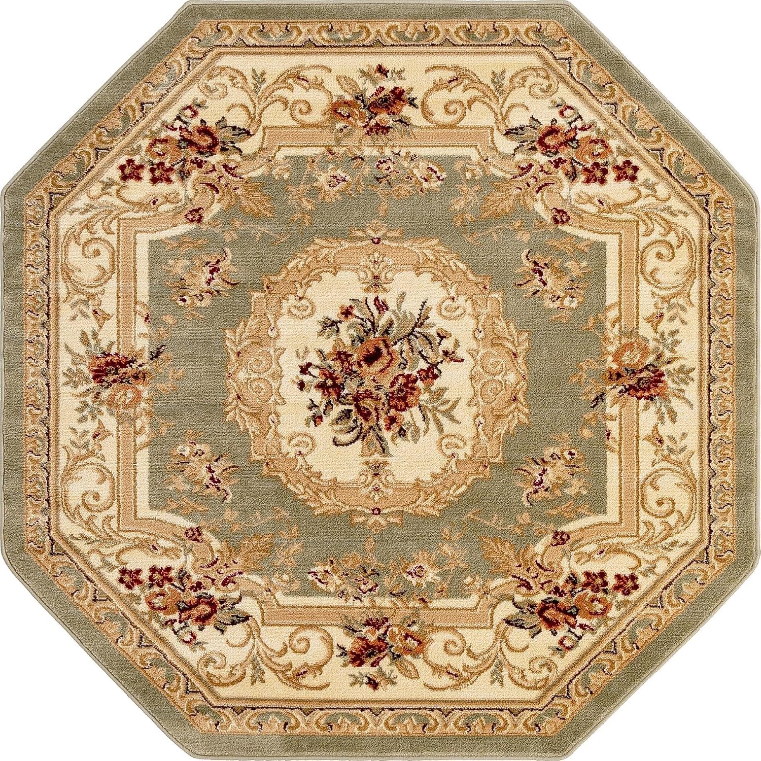 Unique Loom Versailles Collection Traditional Classic Floral Motif Area Rug (5' 0 x 5' 0 Octagon, Green/Ivory)