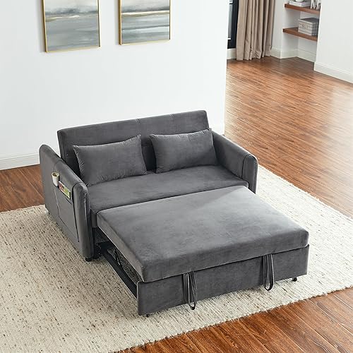 Miniatura 8 de Deolme Sofá cama convertible 3 en 1, moderno sofá biplaza de terciopelo con bolsillos laterales de almacenamiento y almohadas, sofá biplaza pequeño