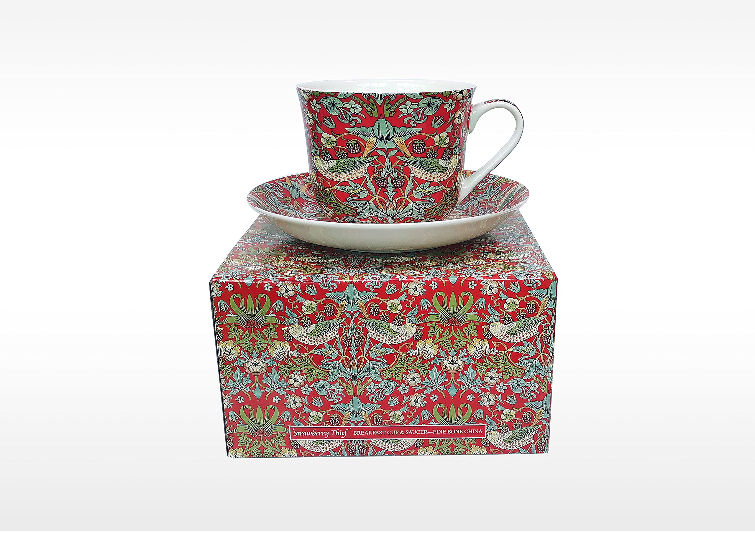 Heritage Red Bone China Breakfast Cup/Saucer William Morris Strawberry Thief Gift Boxed Postage Free Uk