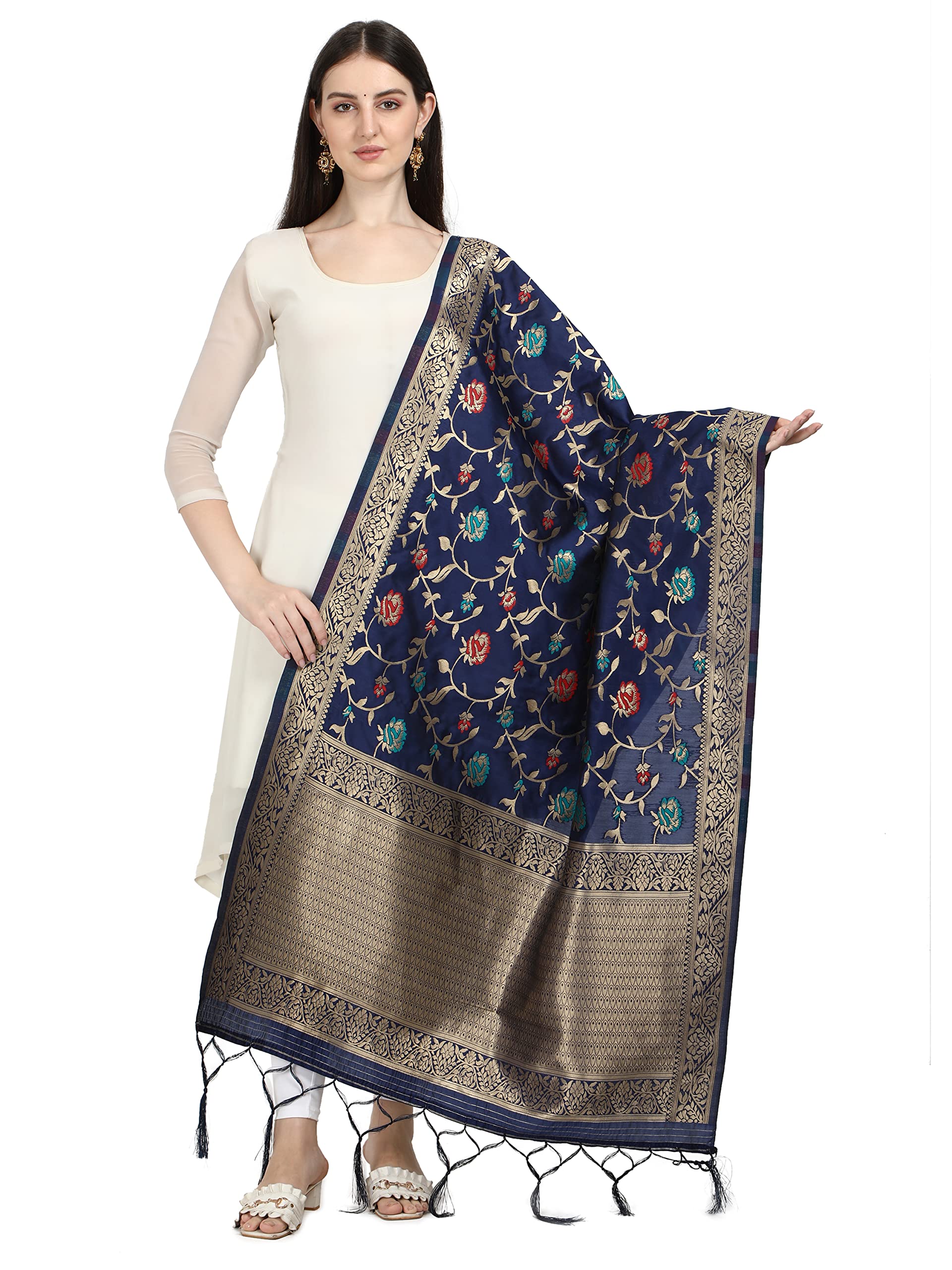 DEVANGIWomen's Woven Banarasi Silk Dupatta Width 1 Meter, Length 2.5 Meter, Nile Blue, Free