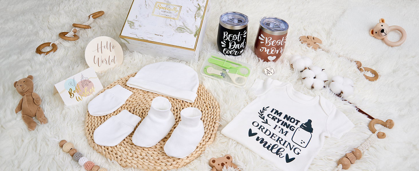 10Pcs Gender Reveal Gift, Baby Shower Gift Basket for New Parents to Be & First Time Expecting Parent Mom and Dad. Newborn Essentials Box, Pregnancy Announcement Gift Ideas