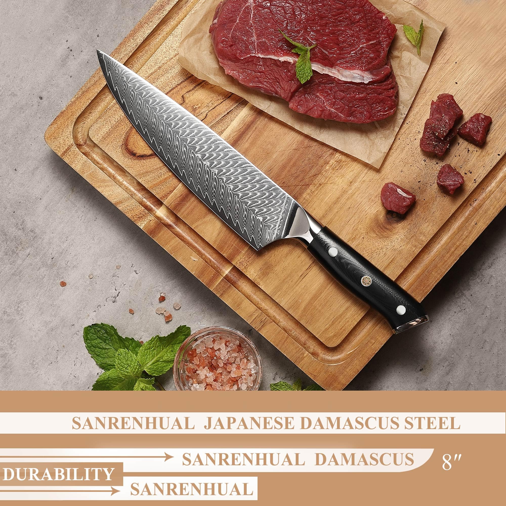Coltello da chef Damasco da 20cm, coltello da cucina in acciaio ad alto tenore di carbonio a 67 strati, coltelli da chef giapponesi ultra affilati, coltello da chef da cucina professionale