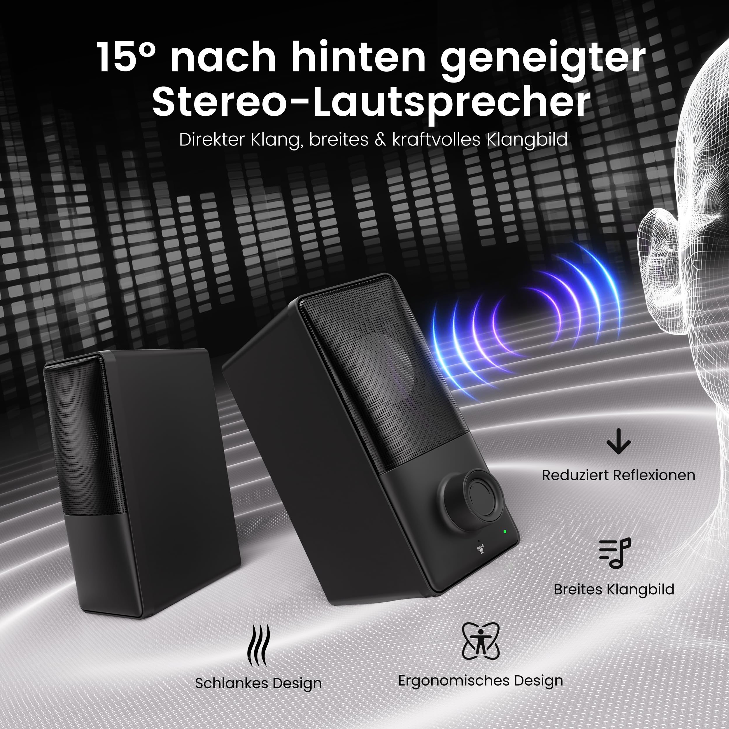 kstime Altoparlante per PC con Bluetooth 5.4, 14 W RMS Bass Reflex Stereo | inclinazione di 15°, porte USB e AUX, microfono integrato, jack per cuffie, per PC, laptop, smartphone