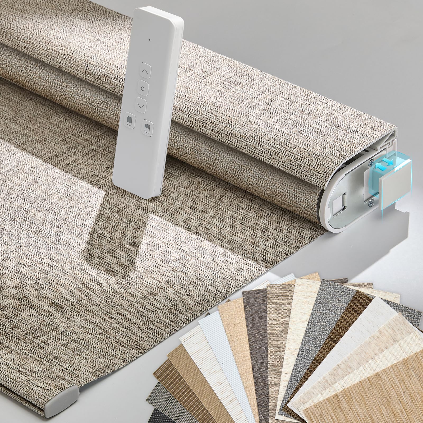 Persilux Smart Motorized Blinds with Remote, No Drill Automatic Roller Shades for Indoor Windows, Light Filtering Linen Fabric, Electric Blinds for Windows, Linen Light Brown C156-3, Custom Size