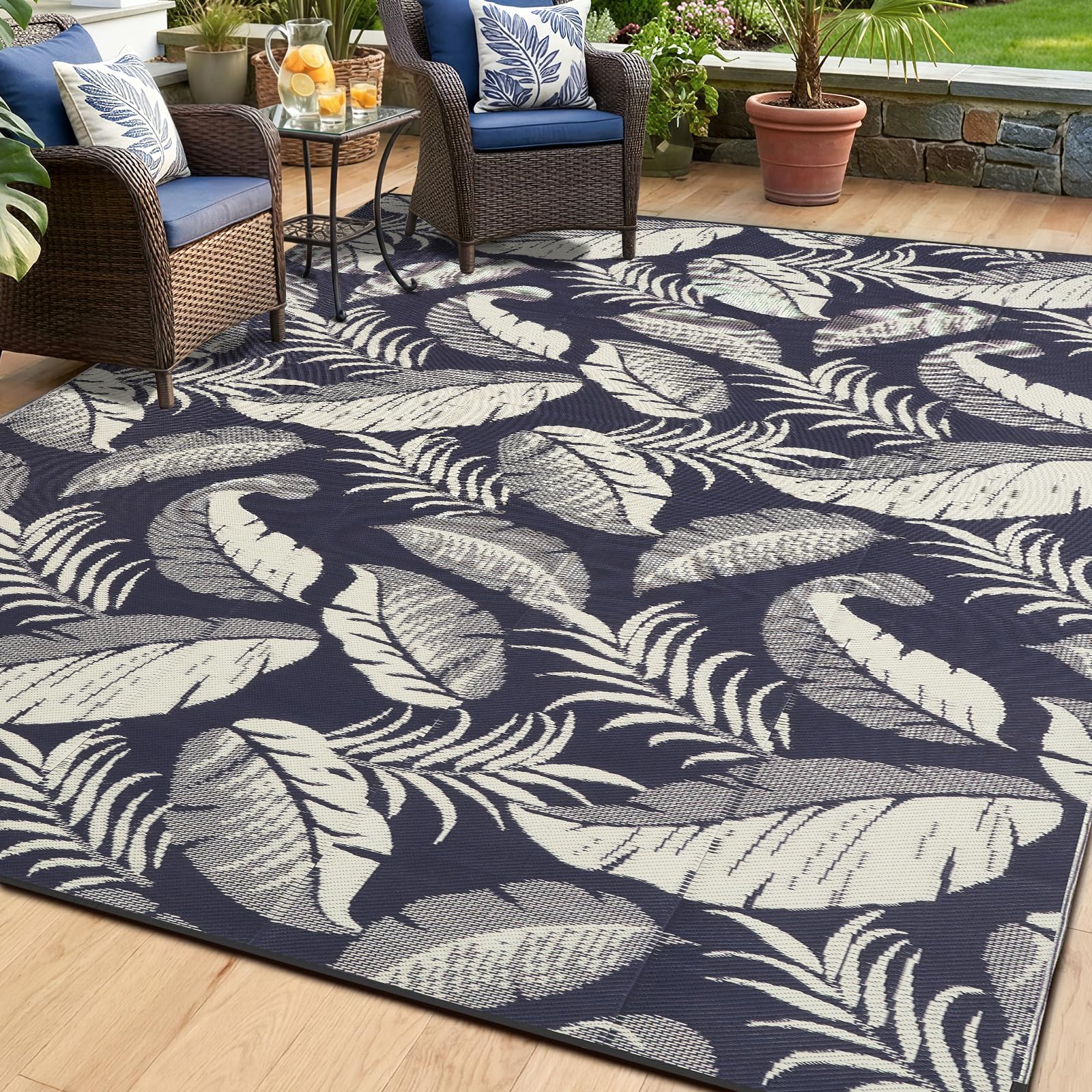 OPPODREAM Reversible Outdoor Rug 6x9, Waterproof Outdoor Plastic Straw Rug for Patio, Tropical Leaf RV Camping Rugs for Outside, Deck, Balcony, Porch, Backyard, Camping, Rv, Navy and Beige