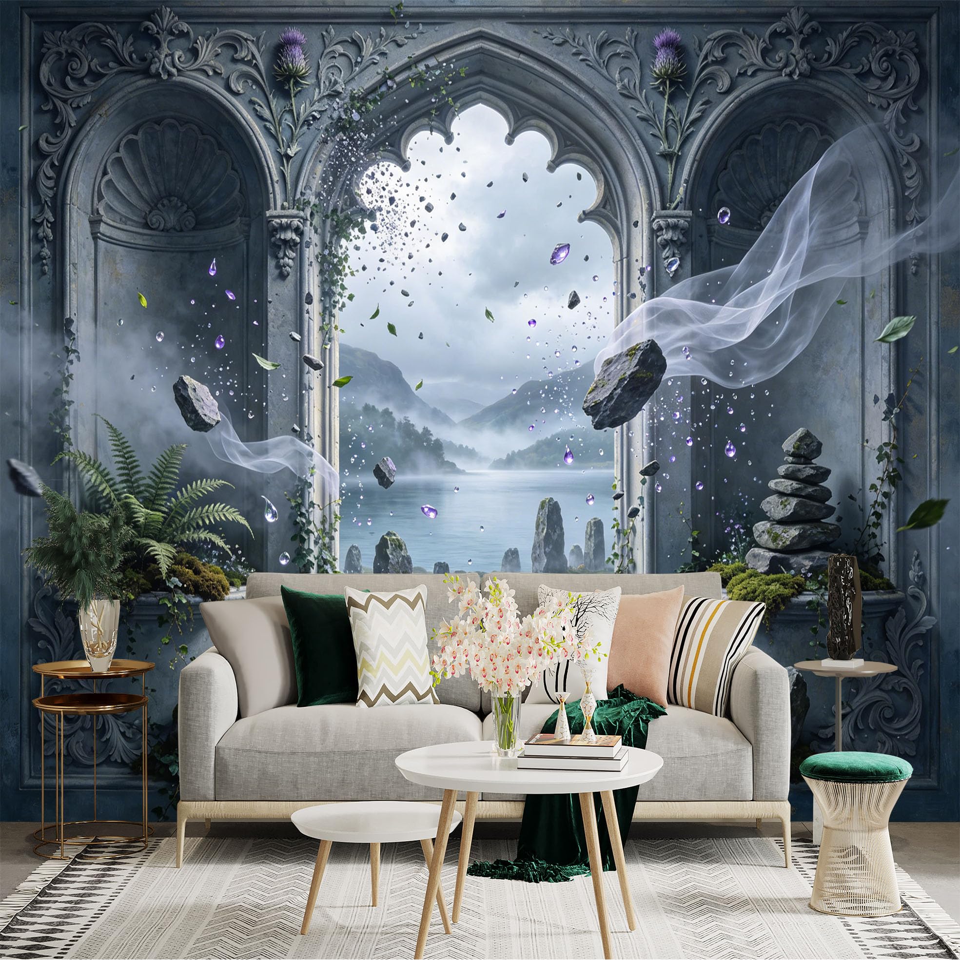 Custom Size Wall Sticker Mural， Fantasy Stone Archway with Waterfall， Misty Mountains and Floating Rocks， for wall Decoration， peelandstick wall Decals.