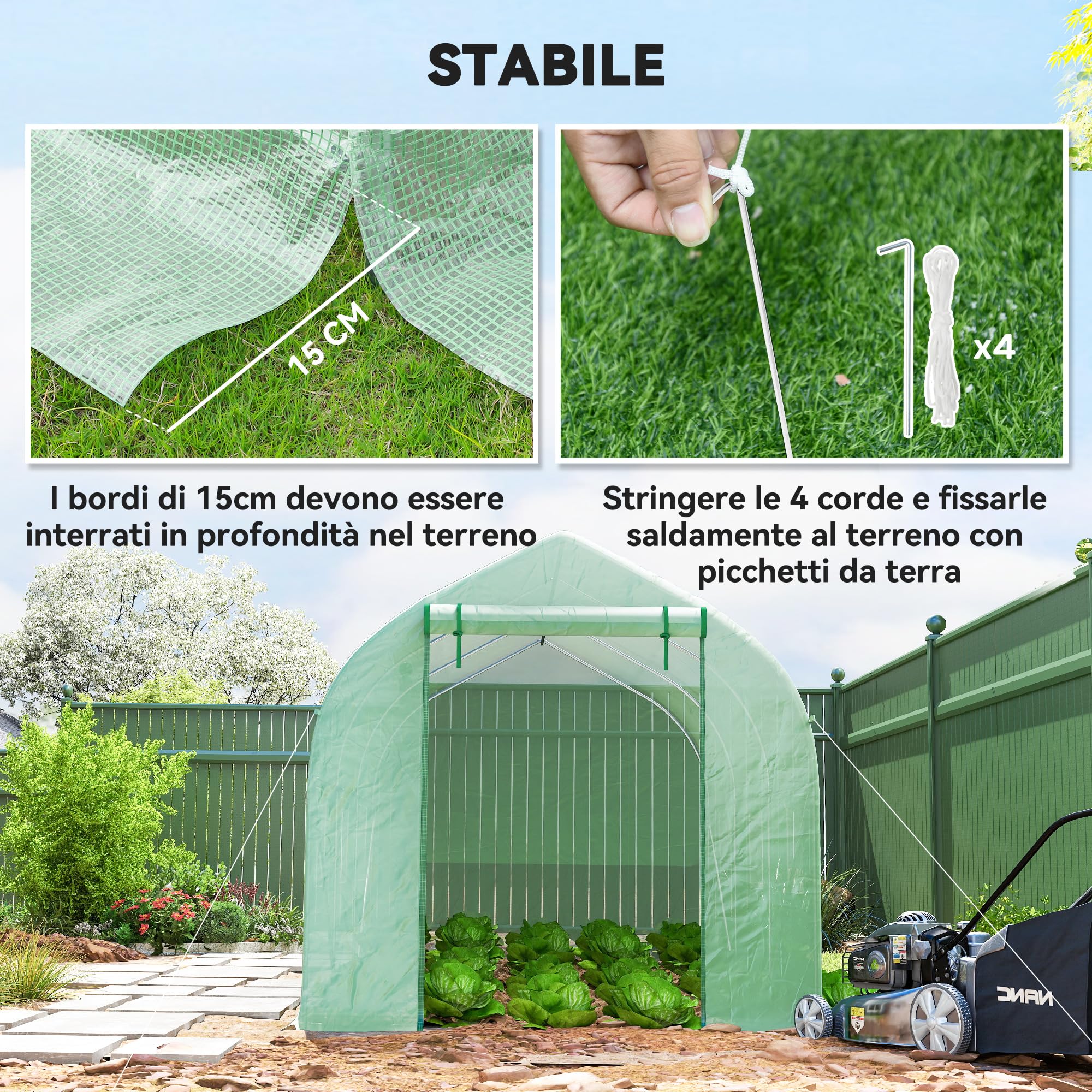 Outsunny Serra da Giardino a Tunnel 4x2x2 m con Porte Avvolgibili e 6 Finestre, Serra per Orto con Tetto a Spiovente, Struttura in Metallo e Copertura PE, per Orto Verdure Fiori Frutta, Verde