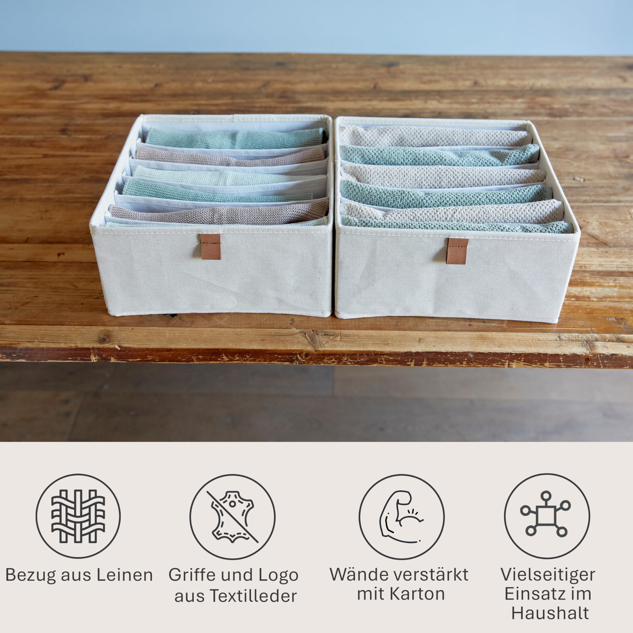 LOVE IT STORE IT Premium Schubladen Organizer 2-teilig - Schubladenbox aus Stoff - Verstärkt mit Karton - 6 Fächer für BHs, Shirts, Jeans - Beige - 30x30x15 cm