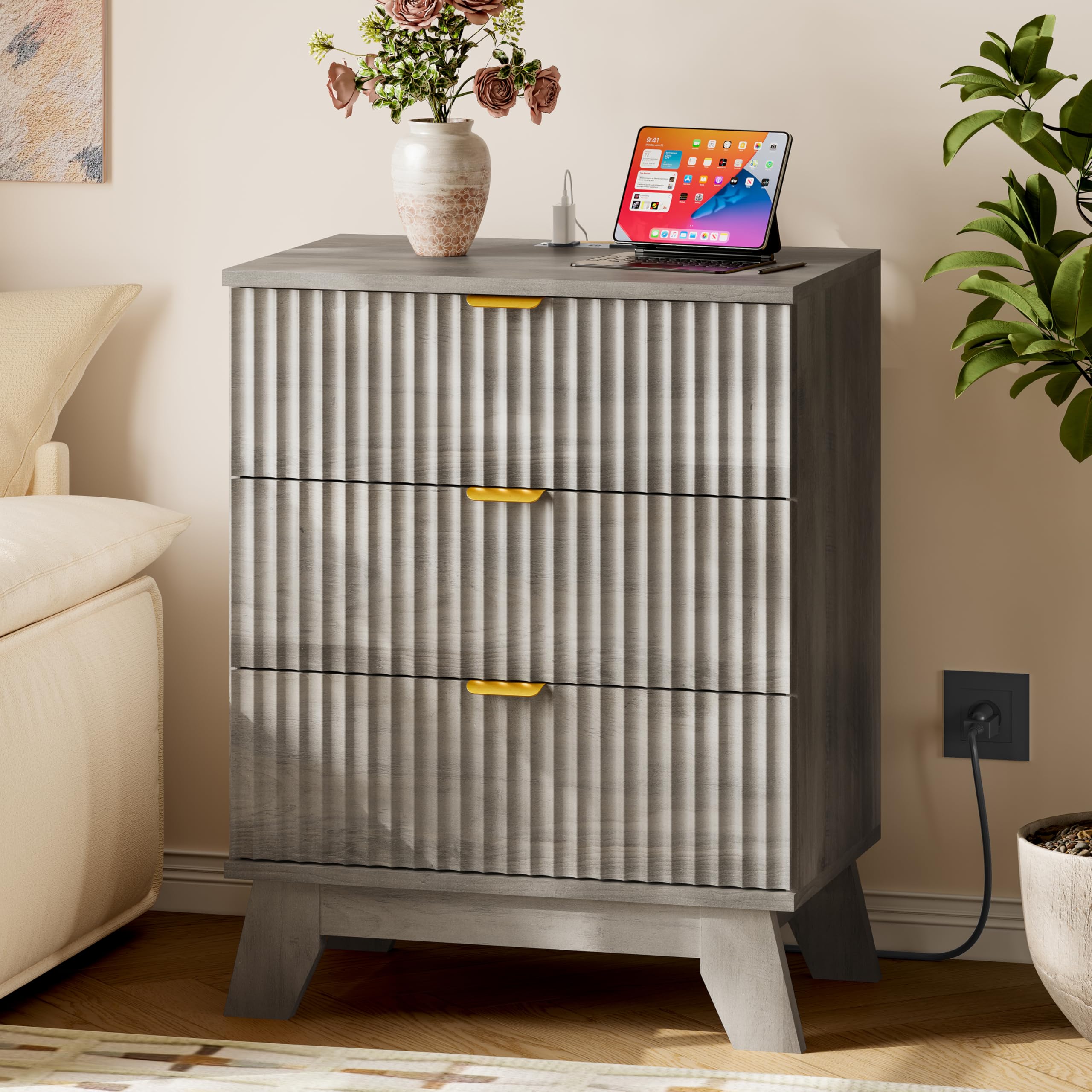 - 30.5" Nightstand with Charging Station, 3-Drawer Fluted Bedroom Chest, Wood Bedside Dresser with Power Outlets and USB Ports, Metal Slides, Stable Base, Modern Storage Cabinet for Small Spaces