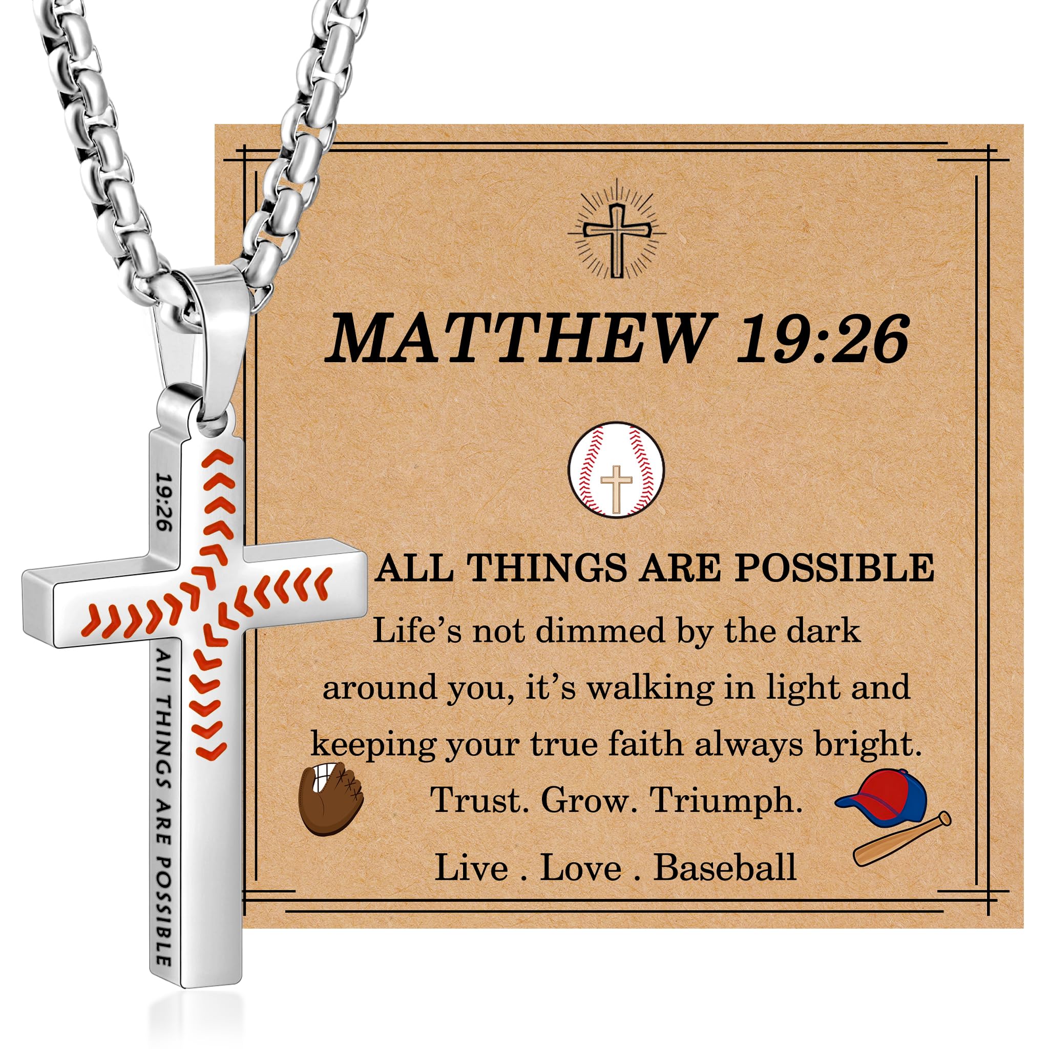 HEYOLL Baseball Cross Necklaces for Boys Men, Colourfast Stainless Steel Bible Verse Cros…