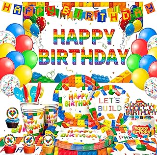Building Blocks Birthday Party Supplies,114pcs Building Block Party Decorations&Building Blocks Tableware Set - Building Blocks Party Plates Napkins Backdrop Balloons etc Building Block Party Supplies