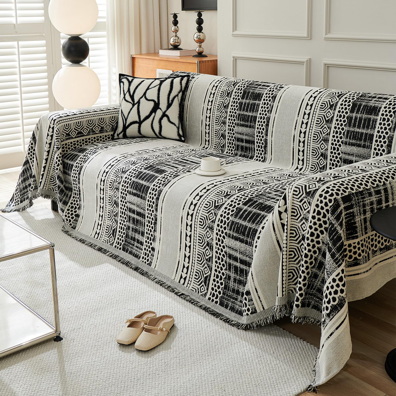 VanderHOME Sofa Throws 1 2 3 4 Seater Throws for Sofas Large Throws for Settees, Boho Throw Reversible Woven Blanket Throw, Decroative Soft Sofa Blanket 180 * 280cm-Black