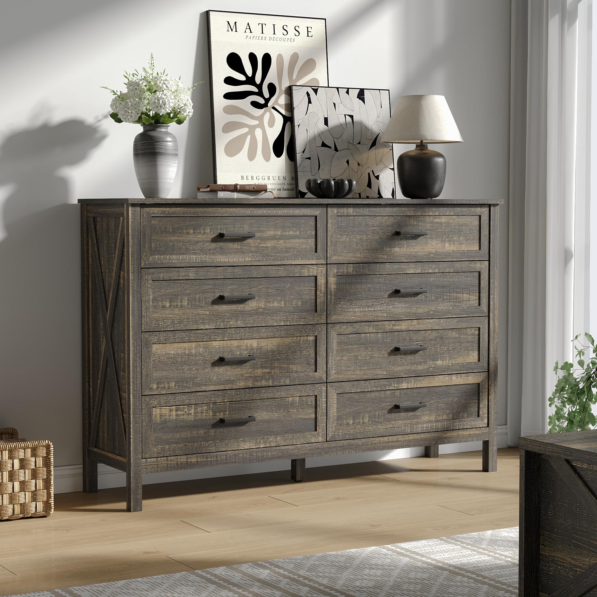 BAZELOR Farmhouse 8 Drawers Dresser for Bedroom, Wood Rustic Wide Chest with Natural Texture, Large Dressers for Bedroom, Hallway, Entryway, Dark