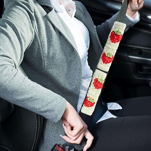 Miniatura 4 de Juego de fundas de ganchillo para volante de automóvil, diseño bohemio de 14 a 15 pulgadas, diseño cuadrado de fresa blanca, accesorios de automóvil