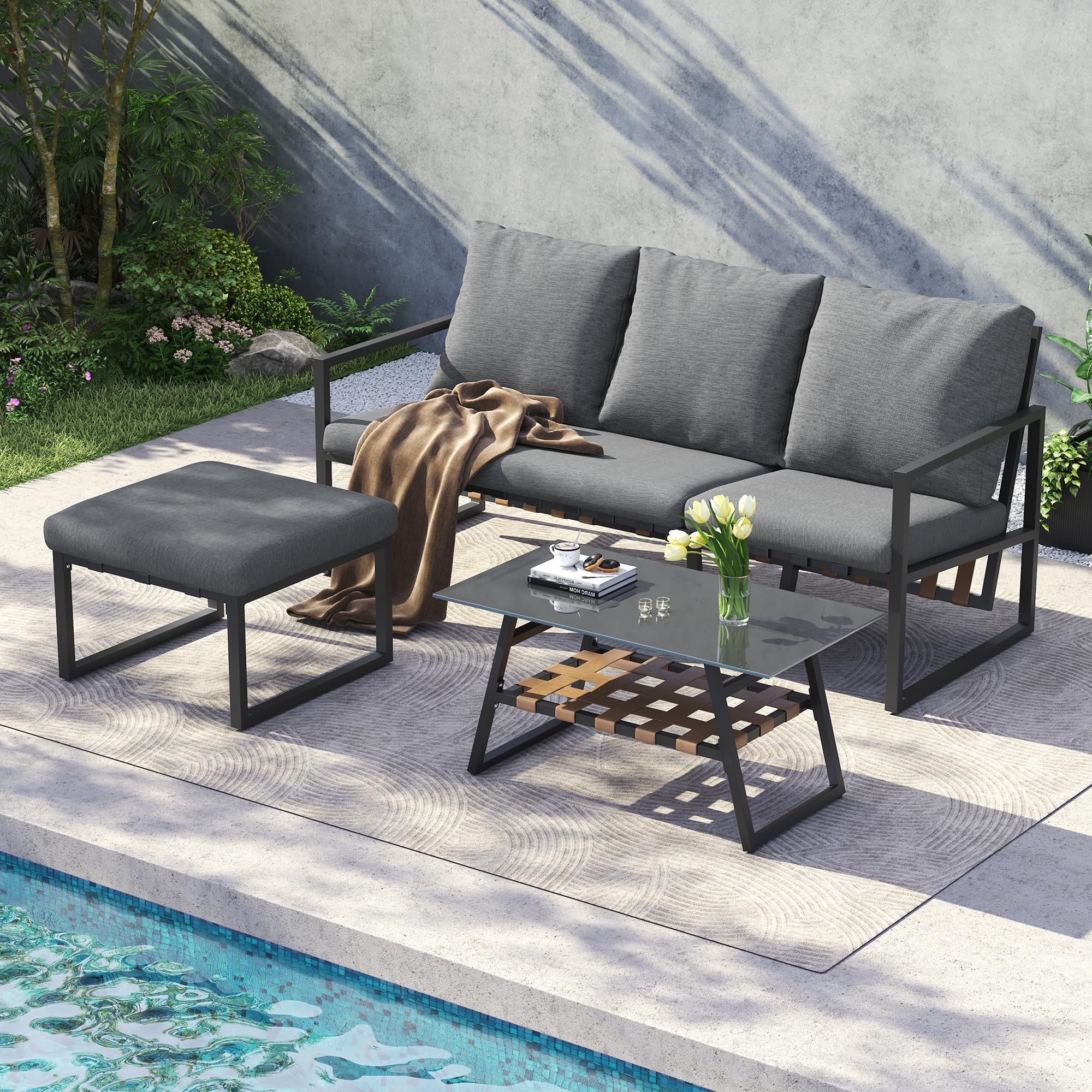 Juego de muebles de jardín, sofás para 4 personas, juego de esquina, sofá + mesa + reposapiés, tubo de acero galvanizado, tablero de cristal, sofá combinado para exteriores, gris