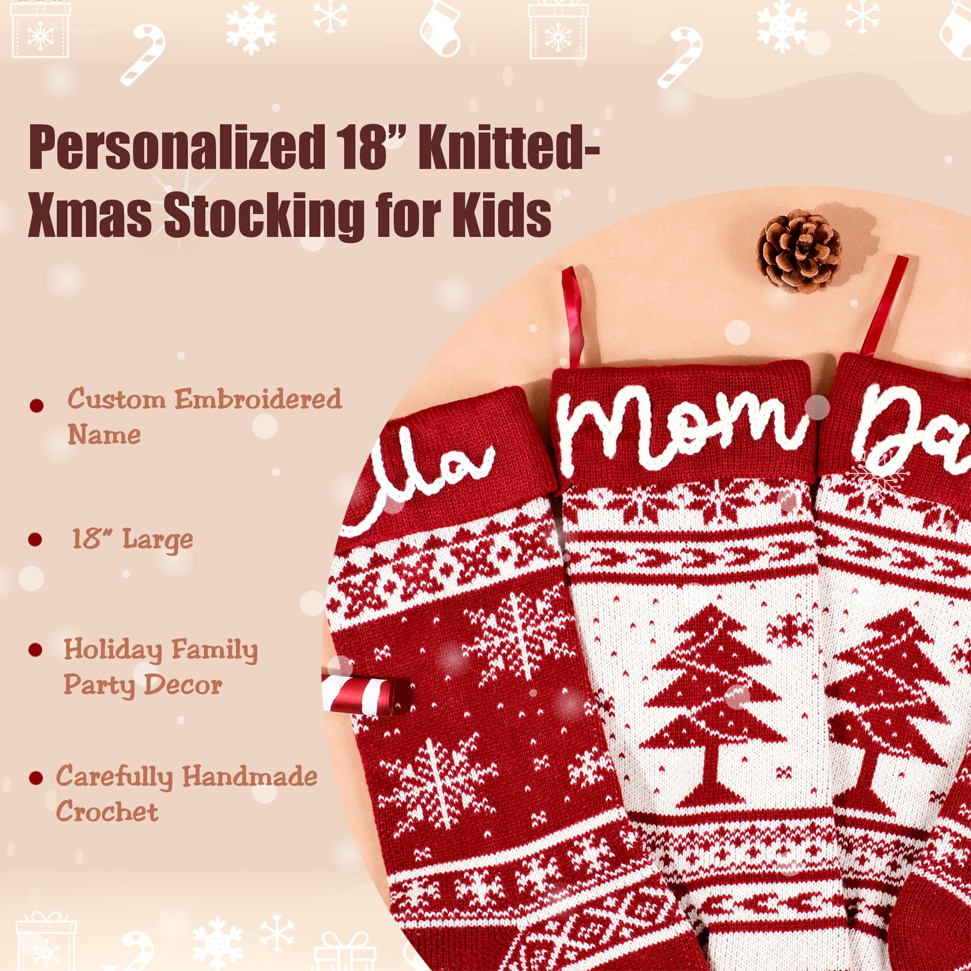 Weihnachtsstrumpf, personalisierbar, 45,7 cm, großer Zopfstrick, bestickt, als Weihnachtsstrumpf, Dekorationen für Mily, Urlaub, Party, Strumpf, Geschenke (5, gemischtes Rot)
