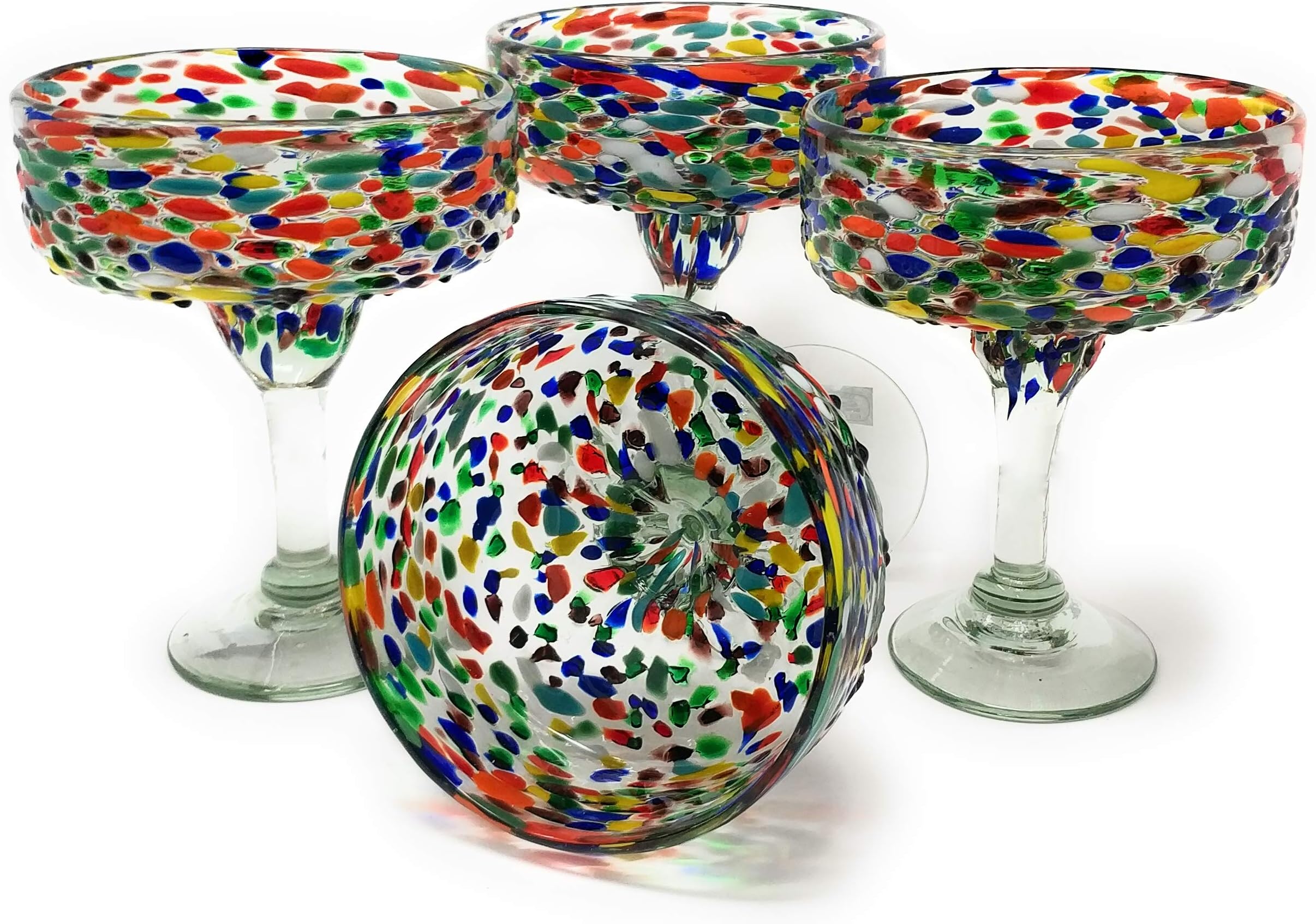 Dos Sueños Mexican Hand Blown Glass – Set of 4 Hand Blown Margarita Glasses Confetti Rock (16 oz)