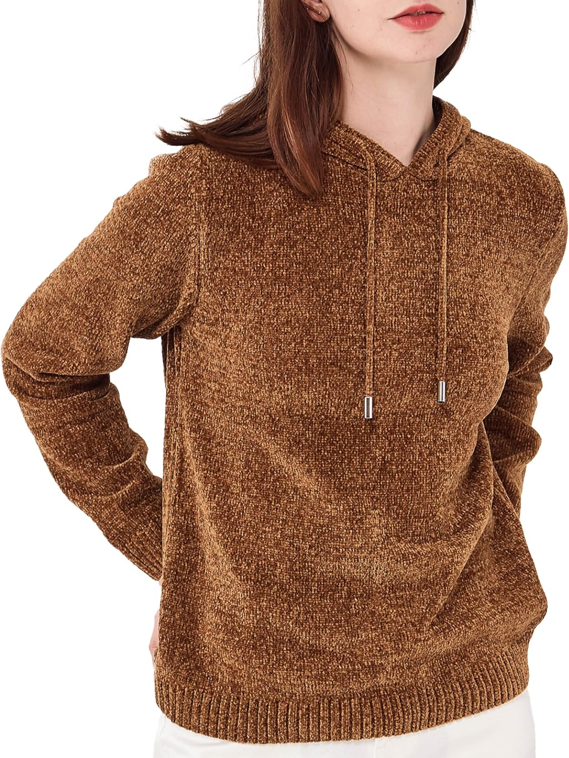 Simple&Opulence Women's Chenille Sweater Drawstring Hooded Long Sleeve Pullover Ribbed Cuff Hem Jumper Tops