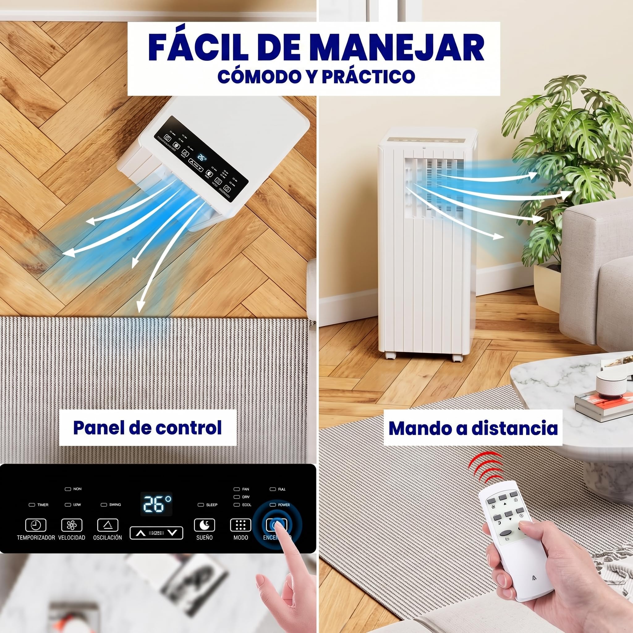 Garvee Aire Acondicionado Portátil 7000 BTU, 3 en 1 Refrigeración Ventilador y Deshumidificador 36L/día, Gas Refrigerante R290 Ecológico, 780W Bajo Consumo, Mando a Distancia con Kit Ventana, Blanco